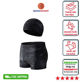 Quần bơi nam boxer Cleacco màu đen Camo , chất vải Poly co giãn 4 chiều , thoáng khí , thoát nước nhanh BORO SPORT - Tặng nón bơi vải