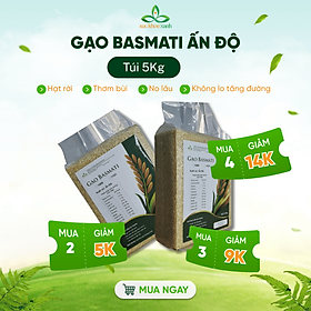 Gạo Basmati India (Ấn Độ) 1121, chỉ số đường huyết (GI) thấp, tốt cho người bị tiểu đường, Túi 5kg