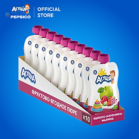 Thùng 10 Gói Trái cây nghiền vị táo, dâu tây và mâm xôi Agusha 90g/gói dành cho bé từ 6 tháng trở lên