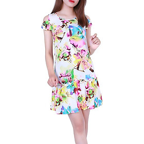 Váy đầm lanh Vicci CVN004.2 vải lanh chéo Hàn cao cấp, thiết kế tay ngắn, dáng đuôi cá suông nhẹ, mềm nhẹ, thấm hút mồ hôi, họa tiết hoa sen hồng nền trắng vàng, phù hợp mặc nhà, đi chơi