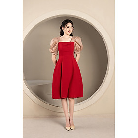Đầm Xòe Thiết Kế Cao Cấp Luperi LFV3287 cổ vuông xếp li xinh xắn phối tay bồng sang chảnh