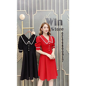 ĐẦM XÒE DỰ TIỆC CỔ VE CAO CẤP 2 MÀU ĐỎ ĐEN THANH LỊCH