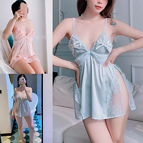 Đầm ngủ lụa 2 dây pha ren hở lưng ngực nơ sexy