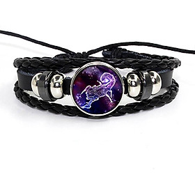 Vòng Đeo Tay Giả Cổ Dây Da Bệt Tết Phong Cách Retro Mặt Vòng Hình 12 Cung Hoàng Đạo Có Thể Điều Chỉnh Độ Rộng