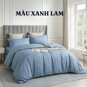 Bộ 5 món vỏ chăn drap gối cotton lụa 3F sọc 3 phân cao cấp A - dành cho khách sạn, homestay, nhà nghỉ ( hàng loại 1)