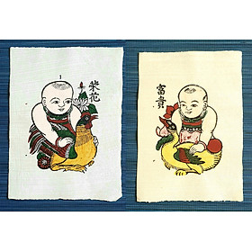 Tranh Đông Hồ Bé ôm gà, Bé ôm vịt - Cặp tranh Vinh hoa Phú quý - Dong Ho folk woodcut painting