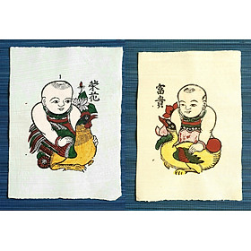 Mua Tranh Đông Hồ Bé ôm gà  Bé ôm vịt - Cặp tranh Vinh hoa Phú quý - Dong Ho folk woodcut painting