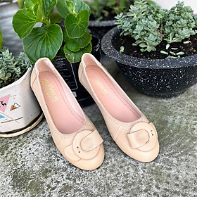 Giày búp bê da bò mũi tròn khóa vuông đế bằng Trường Hải da mềm 2 màu đen,kem GBB525