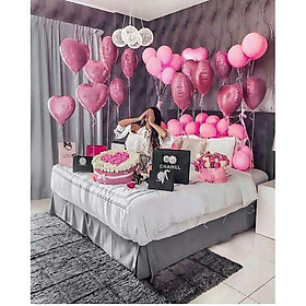 Bộ 13 bóng trái tim hồng pastel, 30 vỏ hồng cánh sen + tặng kèm 1 cuộn dây buộc bóng