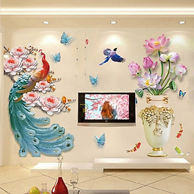 Decal dán tường 3D nghệ thuật bình sen và chim công Khổng Tước