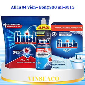 Combo viên rửa bát finish 90 viên + nước làm bóng finish 750ml + muối rửa chén finish 1,5kg