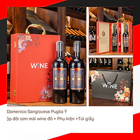 Hộp sơn mài wine đỏ 2 chai rượu vang Ý Domenico Sangiovese Puglia