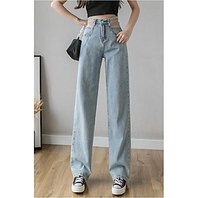 Quần jeans nữ ống rộng khoét eo đan dây