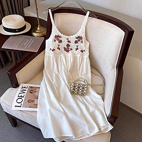 MS907 Váy đầm hai dây nữ đan móc thêu hoa đỏ đi biển