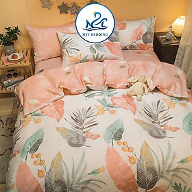 Bộ chăn ga gối Cotton poly M2T Bedding Lá đỏ, vỏ chăn mền, drap nệm và 2 vỏ gối