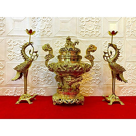 Mua Bộ Đồ Thờ Ngũ Sự Đỉnh Song Long Chầu Nguyệt 35cm bằng đồng nguyên chất  nến có hoa sen kép