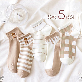 Tất nữ cổ ngắn Hàn Quốc cute set 5 đôi họa tiết hoạt hình chống trơn chống trượt 4018