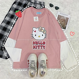 Áo Thun Tay Dài Unisex Ráp Tay MÈO HELLO KITTYY Thu Đông