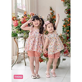 Set quần áo bé gái thô hoa nhí, áo hoa nhí cotton kate mềm mại, tay cánh tiên điệu đà, quần linen bom chun xinh xắn