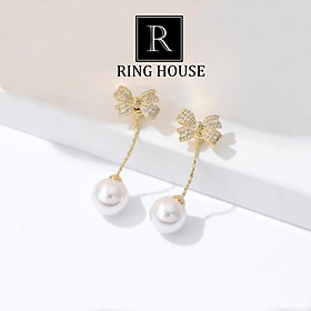 Bông Tai Khuyên Tai Nữ Dài Nơ Đính Hạt Trai Xinh Đẹp Ring House