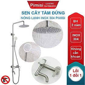 Bộ vòi hoa sen cây tắm đứng nóng lạnh inox 304 kiểu tròn Pimisi đầy đủ phụ kiện với bát sen to - bát nhỏ cầm tay tăng áp dùng được cho cả nhà tắm nhỏ và thấp | Hàng chính hãng