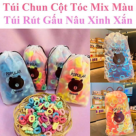 Túi Chun Cột Tóc Vải Mix Màu Kèm Túi Rút Gấu Nâu Xinh Xắn Cho Bé Gái