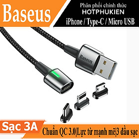 Dây cáp sạc từ tính 3 in 1 sạc nhanh 3A trang bị 3 đầu sạc iPhone / Type-C / Micro USB hiệu Baseus Zinc Magnetic Series 2 Cable Kit (chuẩn QC 3.0, tốc độ truyền dữ liệu cao 480Mbps, LED display) - hàng nhập khẩu