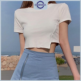 Áo croptop Ozenka cổ tròn cộc tay vạt lệch , áo crt kiểu Hàn Quốc mặc đi học đi chơi màu đen trắng dưới 55 kg