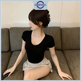 Áo croptop vạt bầu cổ tim tay ngắn ôm nữ ozenka , áo crt basic chất cotton màu đen trắng mặc đi học đi chơi dưới 55 cân