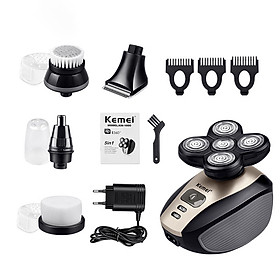 Máy cạo râu 5 in 1 Kemei KM-1000 đa năng chống thấm nước với 5 đầu thay thế chuyên dùng cạo râu, cạo đầu, cắt tóc, tạo kiểu, tỉa lông mũi, cọ rửa mặt, massage được thiết kế lưỡi thép không gỉ nhỏ gọn, tiện lợi