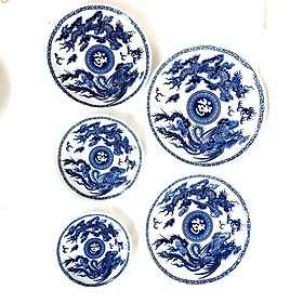 Gốm sứ Bát Tràng - Bộ 5 đĩa sứ tròn men lam vẽ Long Phụng