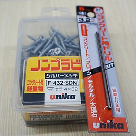 Combo Vít bê tông 4mm đầu bằng F432 & Mũi khoan bê tông 3.2mm đuôi kẹp Unika (Không cần tắc kê nhựa)