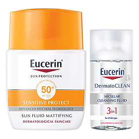 Kem Chống Nắng Không Gây Nhờn Rít Cho Da Thường Và Da Hỗn Hợp Eucerin Sun Fluid Mattifying Face Spf50+ (50Ml) - tặng nước tẩy trang Dermato Clean (125ml)