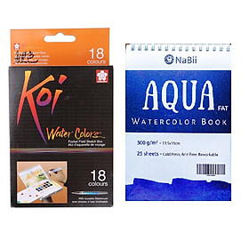 TẶNG SỔ VẼ MÀU NƯỚC - Màu Nước Nén Koi Water Colors Sakura 18 Màu - Tặng sổ vẽ màu nước Aqua Nabii A5