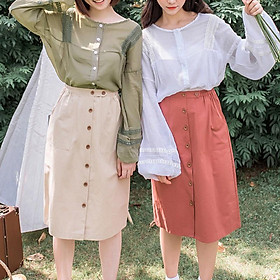 Chân váy midi lưng cao màu trơn phong cách Hàn Quốc cho nữ