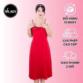 Đầm ngủ, Váy ngủ lụa Pháp (Lụa Latin) cao cấp VILADY - V149, phối ren ngực lưng, xẻ đùi 2 bên (Màu Đỏ đô)