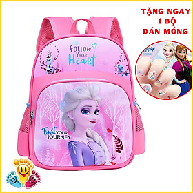 Ba lô Mẫu Giáo Cho Bé Gái Từ 2 Đến 5 Tuổi In Hình Công Chúa Elsa Màu Xanh Màu Hồng (Tặng 1 bộ dán móng hình ngẫu nhiên) TE48