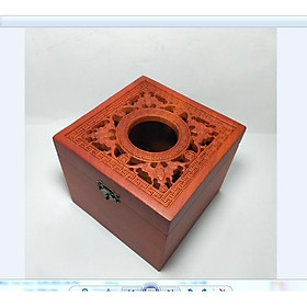 HỘP ĐỰNG GIẤY ĂN GỖ HƯƠNG KHỔ VUÔNG ELAI CHẠM ĐỤC CON RƠI - ẢNH THẬT