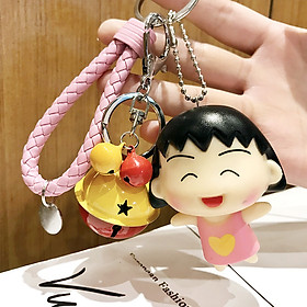 Móc khóa leng keng Maruko kute dây da bện tròn màu hồng