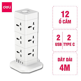 [TẶNG BÚT TẨY ĐIỆN] Ổ cắm điện đa năng Deli Công Suất 2500W - Tích Hợp Ổ USB & Type C Thiết Kế Cầu Chì Tự Ngắt Khi Quá Tải, Nắp Chống Giật - 12 Ổ 2TypeC 2USB 4m