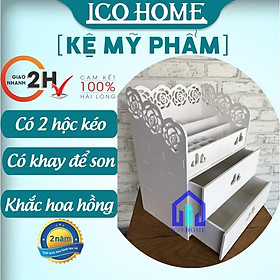 Mua Kệ đựng mỹ phẩm  đồ trang điểm màu trắng  có 2 hộc kéo  khắc hoa hồng cực xinh - ICO HOME
