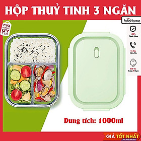 Hộp Cơm 3 Ngăn Thủy Tinh Chịu Nhiệt,Cà Mèn Văn Phòng 3 Ngăn Tiện Dụng 1000ml