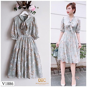 VÁY HOA XANH CỔ PHỐI NƠ BUỘC XINH XẮN TẠI LOVELY