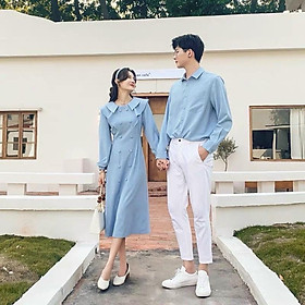 Set áo đầm đôi sơ mi đàm nữ dáng dài phong cách Hàn Quốc áo cặp tình nhân