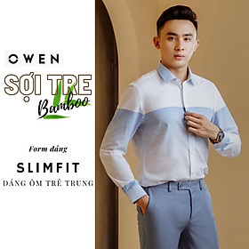 OWEN - Áo sơ mi dài tay Owen Slimfit chất sợi tre màu trắng sọc xanh 23305