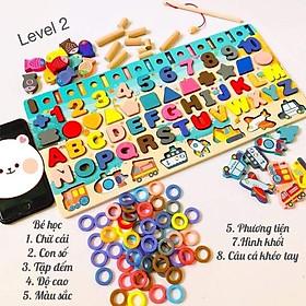 MONTESSORI Cao Cấp Bảng Gỗ Ghép Hình + Câu Cá Cho Bé 6 in 1 Đồ chơi Gỗ -