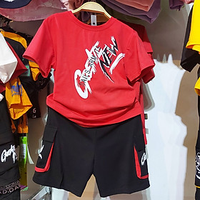 Bộ bé trai cộc tay 5-11 tuổi in chữ và phối màu kiểu Hiphop, Đồ bộ hè cho bé túi hộp thời trang hàng Quảng Châu cao cấp