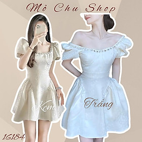 Đầm xoè gấm tay phồng viền đá