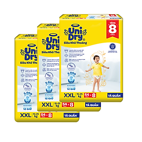 Combo 3 Tã quần UniDry Siêu khô thoáng gói Jumbo mới size XXL - 54 miếng + 8 miếng