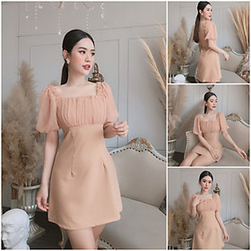 Đầm Nude Tay Phồng Phối Lưới Dáng Chữ A Thanh Lịch - Đầm Công Sở Thanh Lịch, Đơn Giản